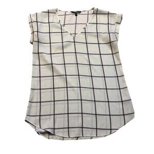 Express Women’s Blouse Size S White Black Windowpane Plaid V-Neck
